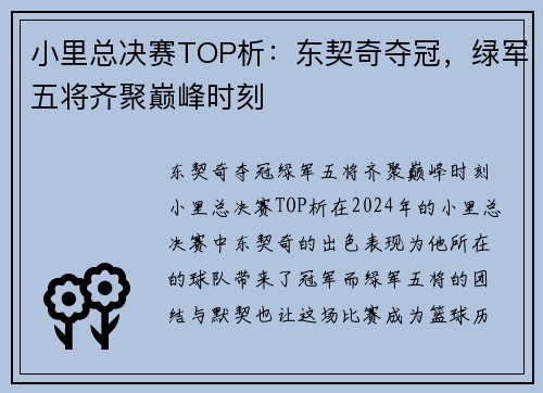 小里总决赛TOP析：东契奇夺冠，绿军五将齐聚巅峰时刻