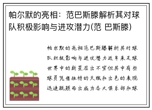 帕尔默的亮相：范巴斯滕解析其对球队积极影响与进攻潜力(范 巴斯滕)