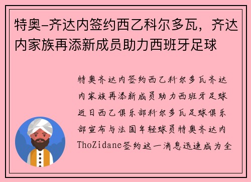 特奥-齐达内签约西乙科尔多瓦，齐达内家族再添新成员助力西班牙足球